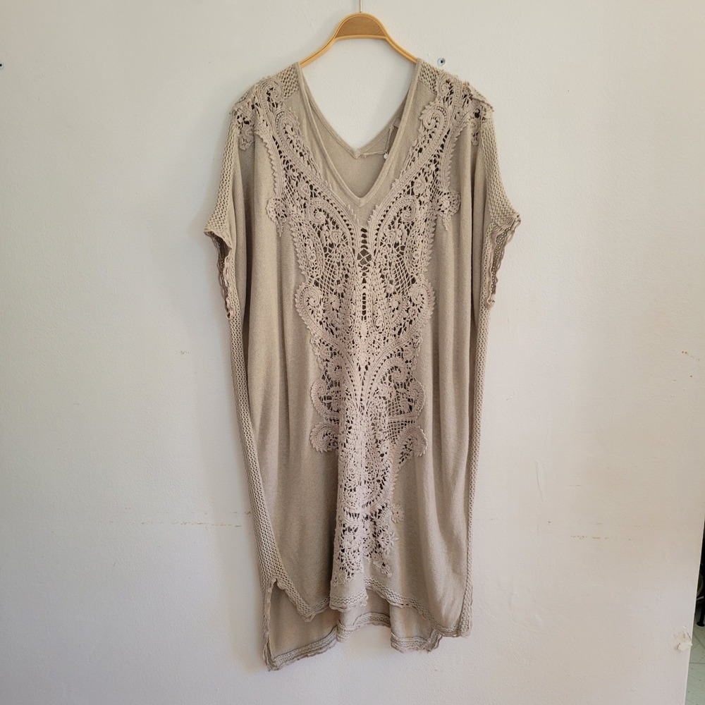 Knitted Knotted Navan Kaftan Sweater Tunic XS Small Crochet Knit Tan V Neck Boho